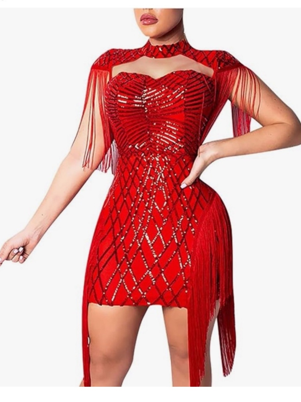 Red Sequin Tassel Party Dress